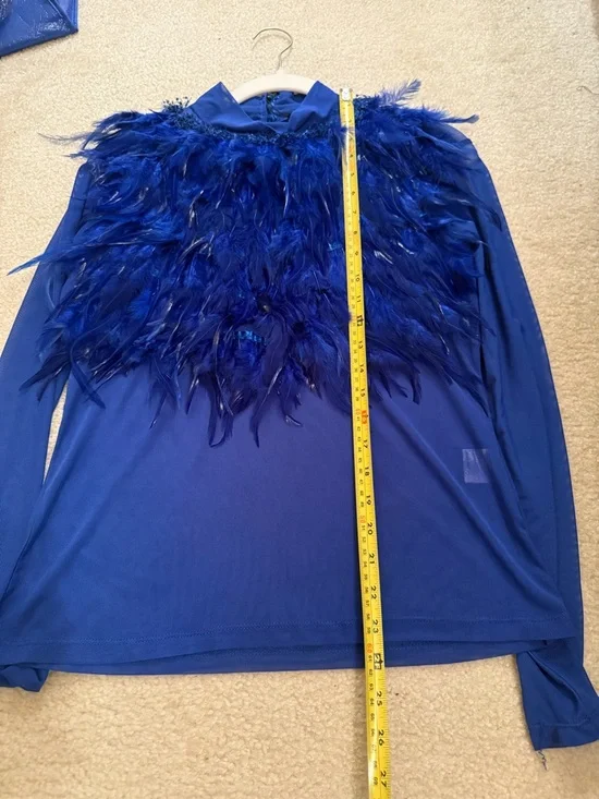 Royal Blue Feather-Trim Mesh Top - Picture 7 of 8